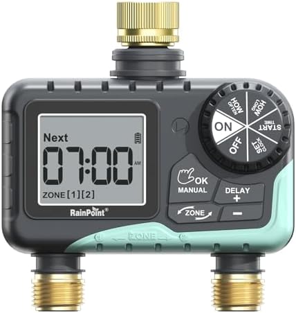 RAINPOINT 2 Zone Sprinkler Timer with Brass Inlet and Outlet - Water Timer for Garden Hose with Rain Delay/Manual Watering/Automatic Irrigation Controller System for Yard Lawn Garden(Blue) by RainPoint