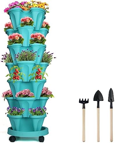 DUNCHATY Stackable Planter, Vertical Garden Planter with Wheels and Tools, Self Watering Strawberry Planter Indoor/Outdoor 7 Tier Herb Planter Pots for Growing Vegetables and Succulents, Teal by DUNCHATY