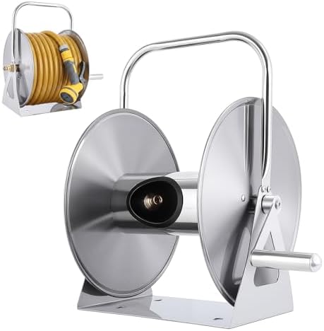 Stainless Steel Garden Hose Reel with 6.5ft Leader Water Pipe, Wall/Floor Mounted Metal Water Hose Reel with Crank Handle, 5/8" x 75ft or 1/2" x 130ft Hoses for Outside, Yard, Patio M by WelcometoFianao