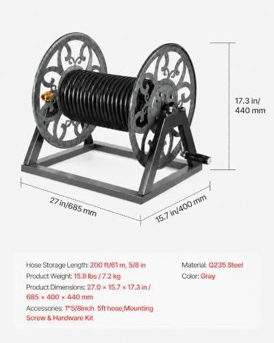 Wall Mounted Garden Hose Reel – Holds 200 ft 5/8" Hose, Heavy-Duty Steel Manual Winder, with Brass Connector, 5ft Leader, Decorative Pattern, Space Saver, Gray Finish, for Outdoor Gardens & Lawns. - Image 3