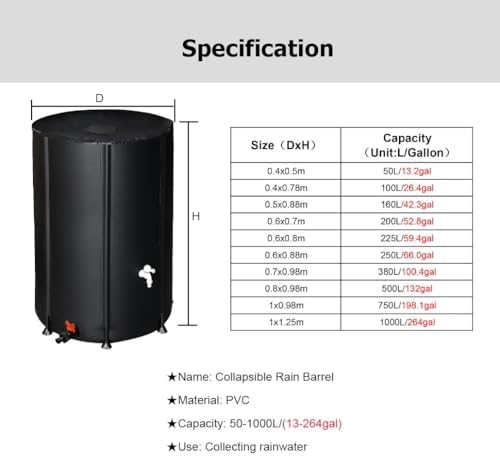 Portable Rain Barrel, 264 Gallon Water Storage Tank with Filter & Spigot | Efficient Rainwater Collection System for Gutters | Black, 0.7x0.98m, 380L - Image 2