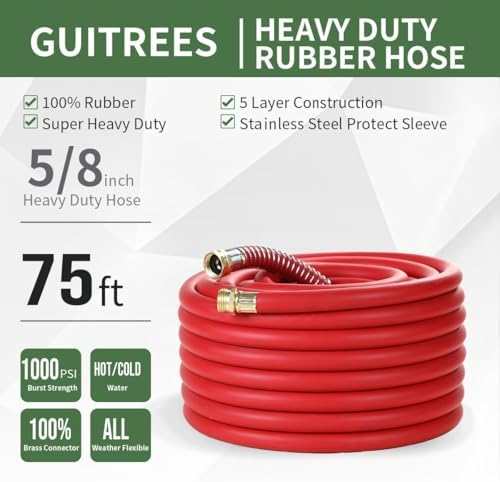 Guitrees Garden Hose 75FT x 5/8”, Heavy Duty Rubber Hose, Water Hose with Five-Layered Braiding, Hot/Cold Water, 1000PSI Burst, 200PSI Working (Red) - Image 2