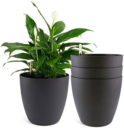 T4U 8.5 Inch Plastic Self Watering Planter with Water Level Indicator Black Set of 4, Modern Decorative Planter Pot for All House Plants, Flowers, Herbs, African Violets, Succulents by T4U