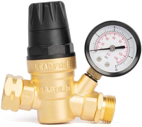U.S. Solid 3/4 in GHT RV Water Pressure Regulator, Handwheel-Adjustable Lead-Free Brass, 45 psi Preset, 0-140 psi Gauge, Stainless Filter, for RV Camper Trailer and Garden Hose by USSolid