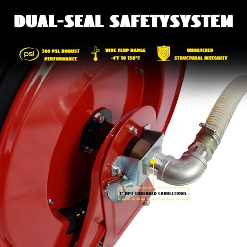3/4 Inch Fuel Hose Reel,3/4"X33' Retractable Ratchet Spring Driven Diesel Hose Reel,360 Rotating Fuel Hose Swivel,AUTO Fuel Nozzle,SS304 Elbow Pipe,Barb Fitting,300 PSI,1"NPT Inlet,3/4" Outlet - Image 5