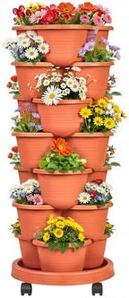 VECELO 7 Tier Vertical Garden Planter, Self Watering Stackable Planters with Wheels for Strawberries, Herbs, Flowers, Vegetables, Red by VECELO