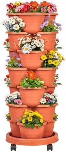VECELO 7 Tier Vertical Garden Planter, Self Watering Stackable Planters with Wheels for Strawberries, Herbs, Flowers, Vegetables, Red by VECELO