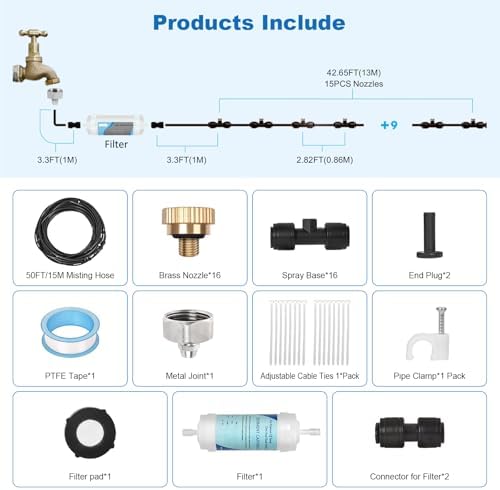50ft/15M Misters for Outside Patio with Water Filter Misting Systems Pre-Assembled 15 Brass Mist Nozzles, Installation-Free Outdoor Misting Cooling System for Garden Waterpark Greenhouse - Image 4