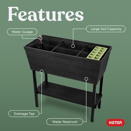 Keter Urban Bloomer 12.7 Gallon Raised Garden Bed and Outdoor Herb Garden Planter with Self Watering Gauge and Drainage Plug, Dark Grey - Image 5
