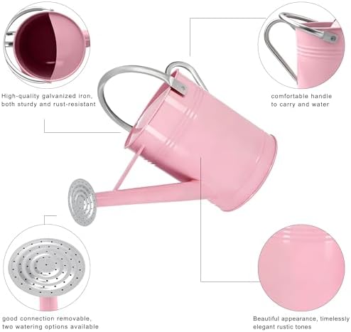 1.7 Gallon Pink Decorative Countryside Style Water Can with Removable Spout, Metal Watering Can for Garden Flower, Galvanized Watering Can for Outdoor Indoor Plants - Image 3