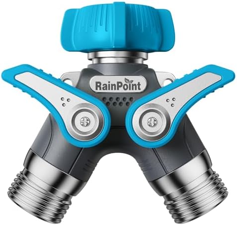 RAINPOINT Garden Hose Splitter 2 Way Heavy Duty,Water Hose Y Spigot Splitter with Shutoff Valves, 100% Metal Body Outdoor Spigot Splitter, 1.9" Extra Long Metal Handle, 3/4" GHT Thread(Blue) by RainPoint