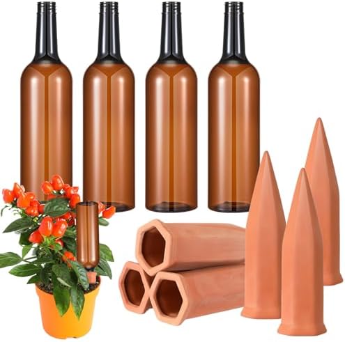 Baderke 8 Pcs 4 Set Plant Watering Devices, Terracotta Watering Spikes with 25 oz Plastic Wine Bottles, Slow Release Vacation Insert Automatic Plant Waterer Device for Indoor Outdoor by Baderke