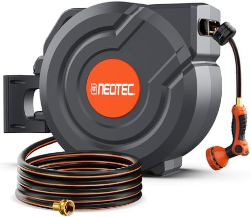 90FT Retractable Garden Hose Reel 5/8 Inch, Automatic Slow Return & Any Length Lock, Wall Mounted Heavy Duty Hose Reels for Outside with 9 Spray Nozzle, 180° Swivel UV Resistant by NEO-TEC
