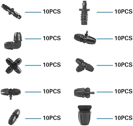 100Pcs 5/16 Inch Irrigation Tubing Fittings Kit (10Pcs×10Types), Locked Barbed Connectors for 5/16" ID-0.43" OD Drip Tubing, Include Couplings/Tees/Elbows/End Plugs/Four-Way - Image 2
