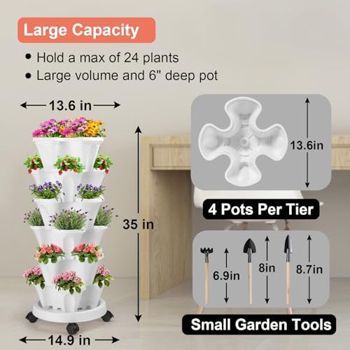 GameXcel Vertical Planter Tower - 6 Tier Stackable Garden Planters with Wheels and Tools Plant Pots for Strawberry Herb Flower and Vegetable Indoor Outdoor Use White - Image 6