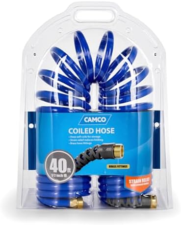 Camco Self-Coiling Water Hose with Brass Fittings, 40 Ft, 0.5 In ID, 41985 by Camco