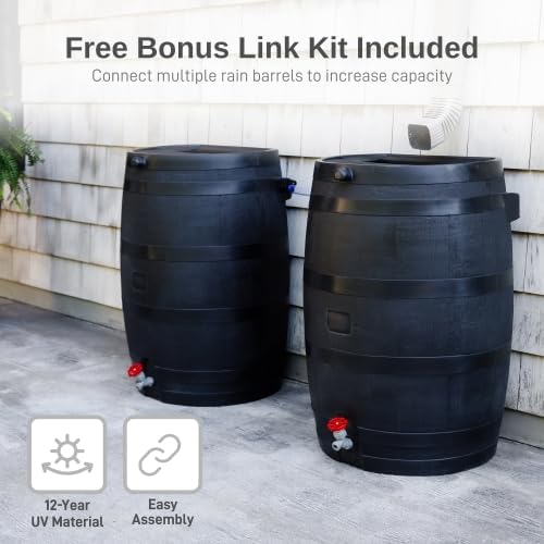 RTS Home Accents 50-Gallon ECO Rain Barrel Made with 100% Recycled Plastic, Flat Back Rain Water Collection Barrel, Stand and Link Kit Included, Black (2 Pack) - Image 5