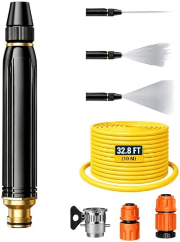 High Pressure Hose Nozzle, Power Washer Nozzle with Multiple Spray Patterns & Booster, Heavy Duty Metal Pressure Washer Hose Attachment for Car Wash, Patio, Garden Watering & Pet Cleaning(1 Pack+10m) by Unknown