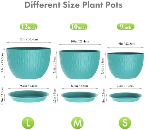 Meowell Large Plant Pots 12/10/9 inch, 3 Pack Big Flower Pots for Outdoor Indoor Plants with Water Ripples, Wide Plastic Planters with Drainage Holes and Saucers for Garden Home Decor, Blue Green - Image 2