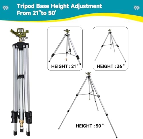 Impact Sprinkler Head on Tripod Base, Heavy Duty Lawn Sprinklers, 360 Degree Large Area Irrigation, Metal Sprinkler Nozzle with Solid Alloy Metal Extension Legs (50in) - Image 2