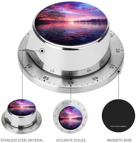 Stainless Steel Mechanical Purple Sunset on Water Printed Timer with Magnet, Manual Dial Timer for Kitchen, Shower, Study and Daily Tasks - Image 3