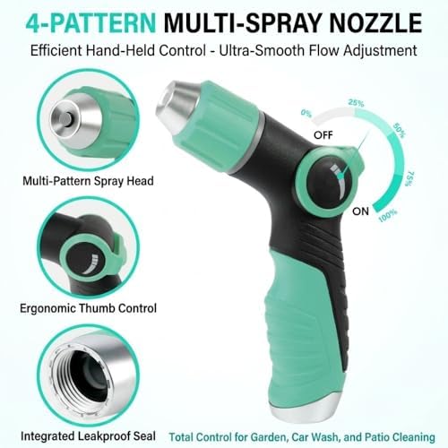 High Pressure Garden Hose Nozzle with 4 Spray Patterns & Thumb Control (Lake Blue) - Image 5