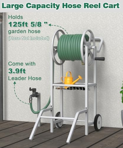 Artigarden Hose Reel Cart with 2 Wheels, Garden Water Hose Holder Heavy Duty Powder Coated Steel Outdoor Winder Storage Holds 125 ft 5/8" Hoses with Basket and 3.9ft Leader Hose for Backyard, White - Image 4