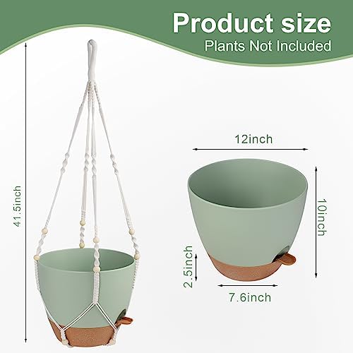 Vanslogreen 12 Inch Hanging Planters for Indoor Outdoor Plants, Self Watering Hanging Pot with Drainage Holes & Removable Tray, Macrame Plant Hanger for Boho Home Decor (Ivory+White) (Ivory+Green) - Image 3