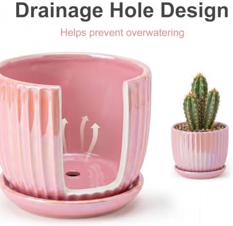 Pink Plant Pots，Ceramic Planters with Drainage Holes and Saucers Set of 3 - Image 4