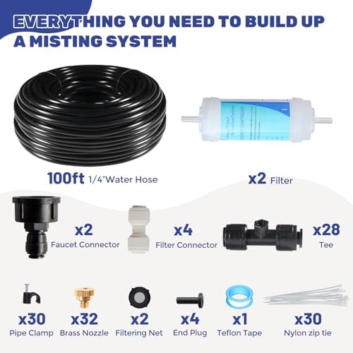 Maotong 100FT Mister for Outside Patio Misting Cooling System, 100FT (30M) Misting Line+32 Brass Mist Nozzles+Water Filter, Outdoor Mister System for Garden Greenhouse Trampoline Waterparke - Image 2