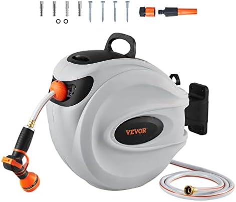 VEVOR Retractable Hose Reel, 65 ft x 5/8 inch, 180° Swivel Bracket Wall-Mounted & Retractable Air Hose Reel, 3/8 IN x 50 FT Hybrid Air Hose Max 300PSI - Image 2