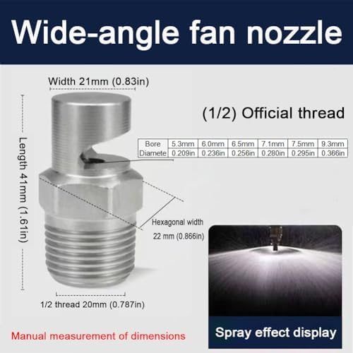 304 stainless steel cleaning nozzle wide angle fan nozzle (1/8, 1/4, 3/8, 1/2, 3/4BSPT) high pressure cleaning nozzle flood nozzle flat fan nozzle 1/2 wide angle fan nozzle （Hole diameter 6.0mm） 5pcs - Image 2