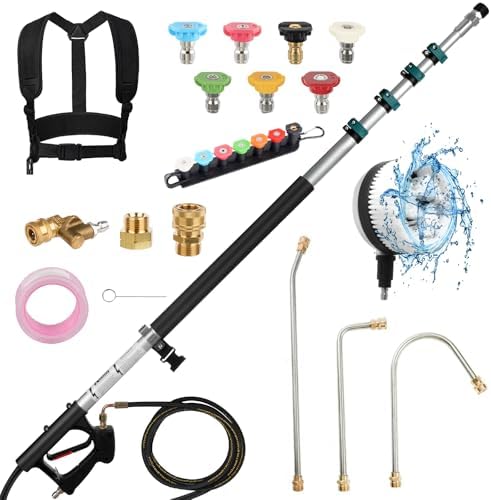 24FT Telescoping Pressure Washer Extension Wand, 4000PSI High Reach Power Washer Wand with Rotary Brush, 7 Nozzles & M22 Adapters, Gutter Cleaning Tool for Second Story Window Patio Garden by Lunluarai