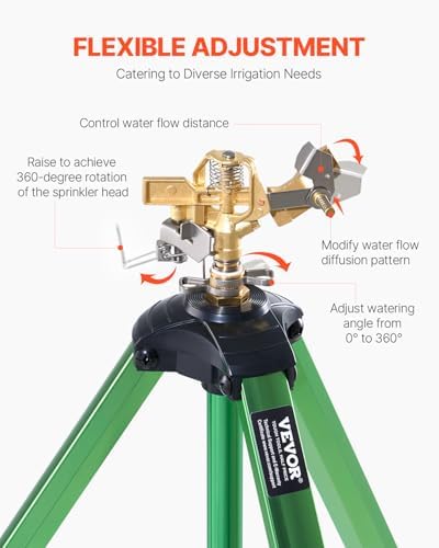 VEVOR Impact Sprinkler on Tripod Base, Heavy Duty Tripod Sprinklers with Brass Head & 3/4" Connector, 360 Degree Large Area Coverage Irrigation Sprinkler, Adjustable Heights for Yard Green - Image 5