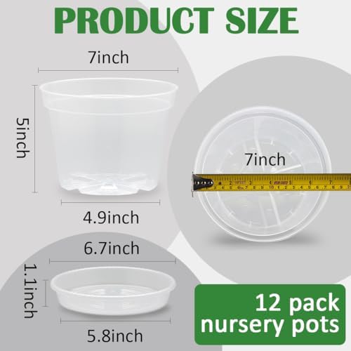 12 Pack 7 Inch Clear Nursery Pots with Saucer, Transparent Plastic Plant Pots with Drainage Holes, Sturdy Plant Starter Pots, Planter Pot for Planting Succulent Flower Herb Vegetable, Gardening Gifts - Image 2