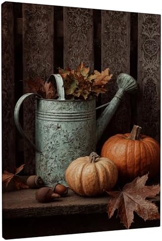 Autumn Harvest Wall Art, Vintage Copper Watering Can Decor, Fall Leaves and Pumpkins Home Aesthetic Print for Living Room, Kitchen, Seasonal Decor 16x20 Inch by Unknown