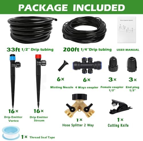 233FT Drip Irrigation System Kit with Quick-Connect System,33FT 1/2" Mainline & 200FT 1/4" Tubing,Brass Y-Type Splitter,Adjustable Nozzle Types.Garden Efficient Sprinkler System Kit - Image 2