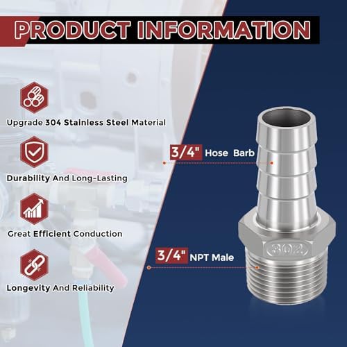 10pcs Stainless Steel Hose Barb Fitting 3/4" Barb to 3/4" NPT Male - Image 2