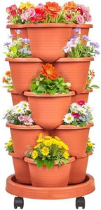 VECELO 5 Tier Vertical Garden Planter, Self Watering Stackable Planters with Wheels for Strawberries, Herbs, Flowers, Vegetables, Red by VECELO