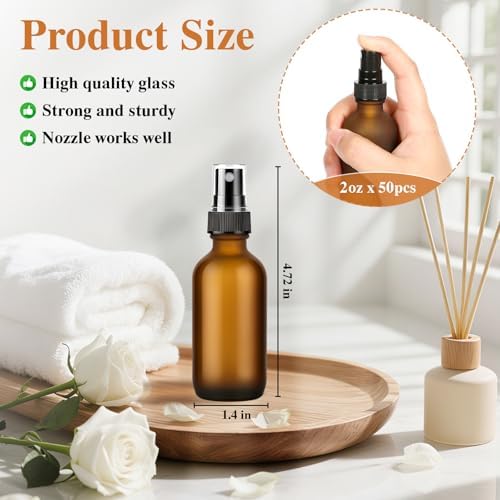 48 Pack Amber Frosted Glass Spray Bottles, Refillable Fine Mist Spray Containers for Essential Oils, Cleaning Solutions, Plants, Hair Care & Travel, Leakproof - Image 2