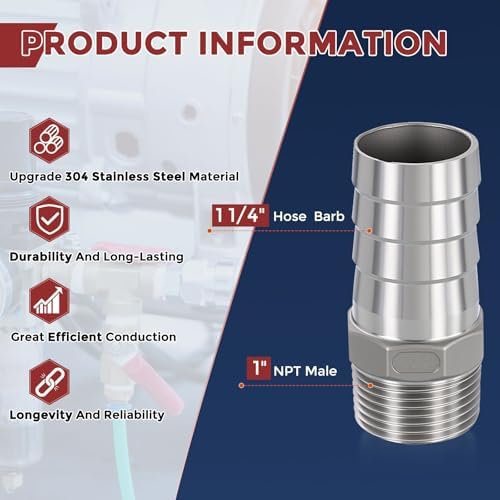 5pcs Stainless Steel Hose Barb Fitting 1 1/4" Barb to 1" NPT Male - Image 2
