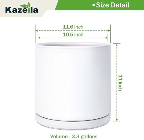 Kazeila 12 Inch Ceramic Planter Pot with Drainage Hole & Tray, Large Indoor Plant Pots, Modern Cylinder Flower Pot, Includes Mesh Net, Plug, Pads & 500g Clay Pebbles (White, 12 Inch) - Image 2