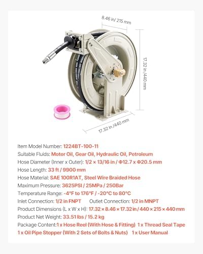 VEVOR Oil Hose Reel, 1/2 inch x 33 ft Retractable, Spring Driven Auto Swivel Rewind, Max 3625 PSI, Heavy-Duty Carbon Steel Construction with Steel Wire Braided Hose, for Engine / Gear / Hydraulic Oil - Image 7
