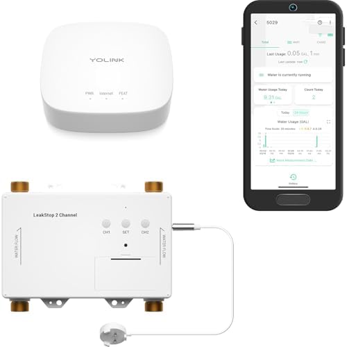 YoLink LeakStop 2-Channel for Sinks/Washing Machine, Dual Auto Shutoff Valves & Leak Detection, Real-Time Monitoring, LoRa Long-Range, 2 AA Up to 5-Year Battery – Hub Included by YoLink
