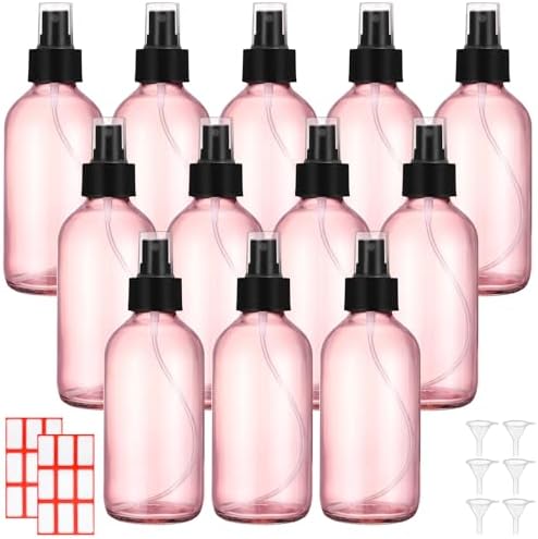 Norme 12 Pcs 8 oz Glass Spray Bottles, Funnels and Labels, Pink, Stylish by Norme