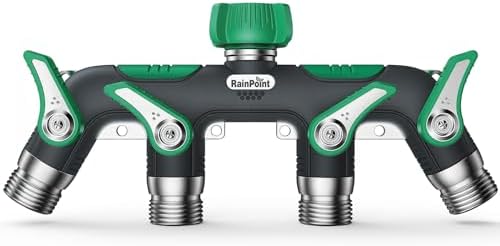 RAINPOINT 4 Way Garden Hose Splitter, 100% Metal Heavy Duty Water Hose Splitter with Individual Shut-Off Valves, 3/4" GHT High Flow Outdoor Faucet Splitter, 1.81" Extra Long Handle (Dark Green) by RainPoint
