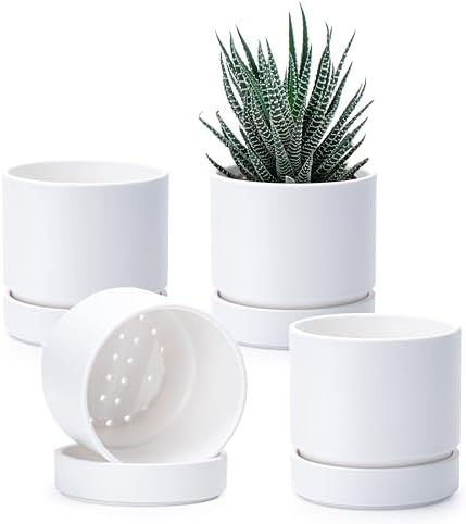 Phoenix Vine 4 Inch Planter Pot with Drainage Hole & Saucer, Deep Water Catch Tray, Straight Cylindrical Round Pot for Plants, Matte White, Pack of 4, 23-B-R-4 by Phoenix+Vine