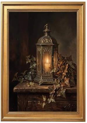 Gold Vintage Framed Lantern Wall Art, Moody Still Life Candle Print by Unknown