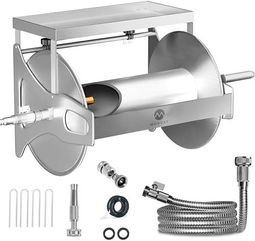 Morvat Stainless Steel Metal Water Hose Reel for 150FT Hose, Retractable Garden Hose Holder with Storage Shelf & Crank, Wall/Floor Mount, Includes 5Ft Leader Hose with ON/OFF Valve & Accessories by Morvat