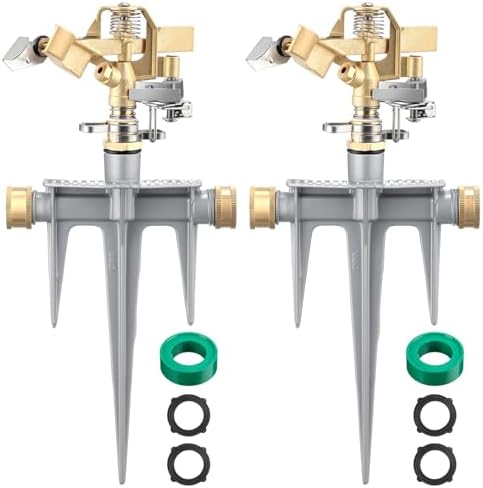 Blushtier 2 Pack Brass Impact Sprinklers for Yard Adjustable Lawn Sprinkler with Heavy Duty Brass Head and Aluminum Spike Base Tape Lawn Equipment for Large Area Yard Patio Garden Irrigation by Blushtier